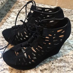 Report black suede heeled wedges